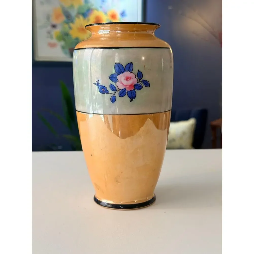 Vintage Hand Painted Japanese Lusterware Vase Parrots & Pink Roses 7.5